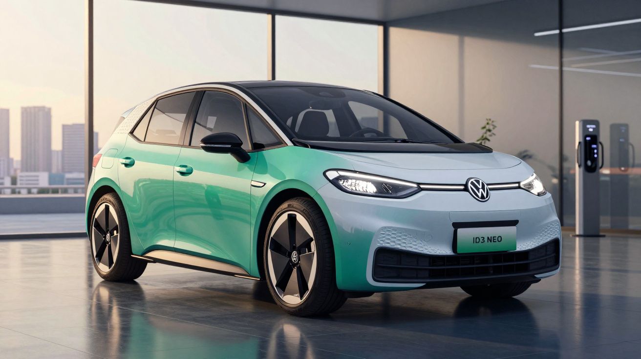 Carro elétrico Volkswagen ID.3 Neo verde e cinza estacionado em garagem com carregador eléctrico.