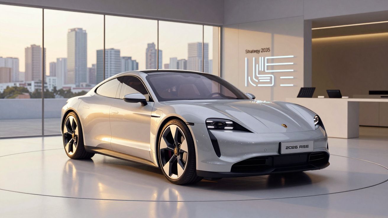 Carro desportivo elétrico branco Porsche Taycan 2028 Rise numa sala moderna com vista para a cidade.