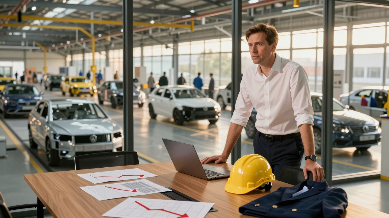 Homem de negócios de camisa branca a analisar gráficos com carros eléctricos em oficina moderna ao fundo.
