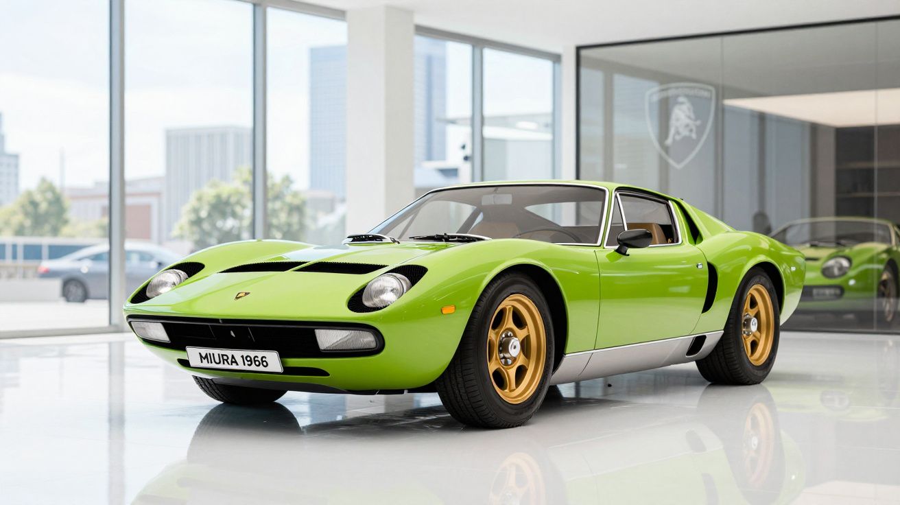 Carro desportivo Lamborghini Miura 1966 verde com jantes douradas numa sala moderna.