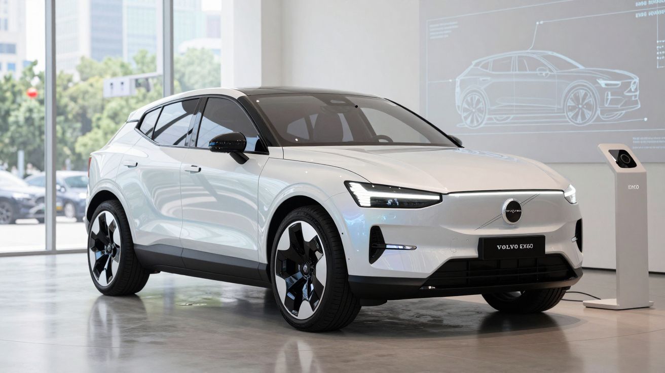 Carro Volvo EX60 branco exibido numa sala moderna com chão cinza e janelas grandes ao fundo.