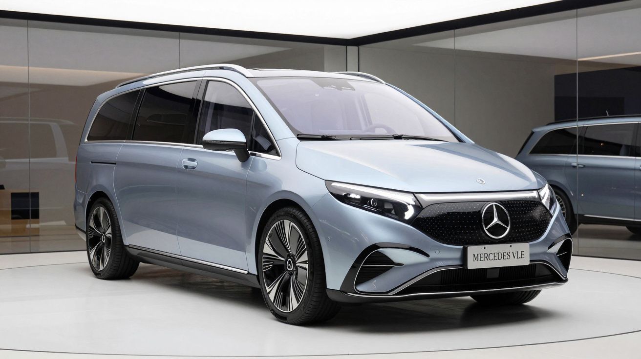 Carro elétrico Mercedes VLE cinzento prateado parado num espaço interior moderno reflectido no espelho.
