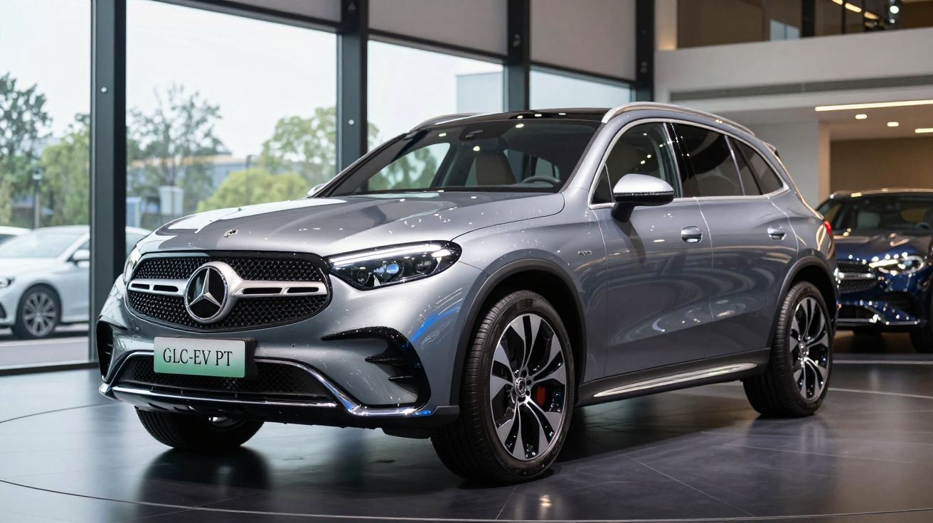 Mercedes-Benz SUV elétrico cinzento exposto numa sala de vendas moderna com jantes pretas e detalhe azul.