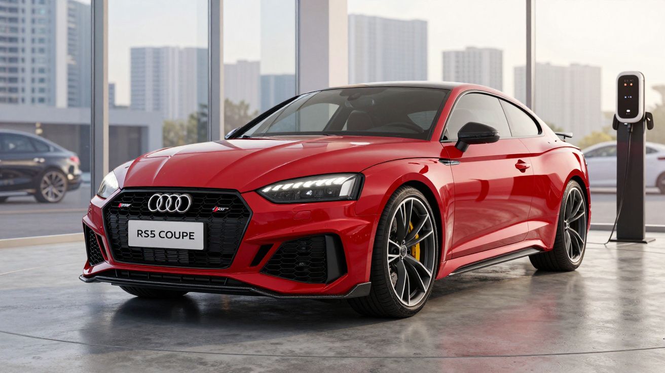 Audi RS5 Coupé vermelho estacionado em showroom com painel urbano ao fundo e estação de carregamento elétrica.