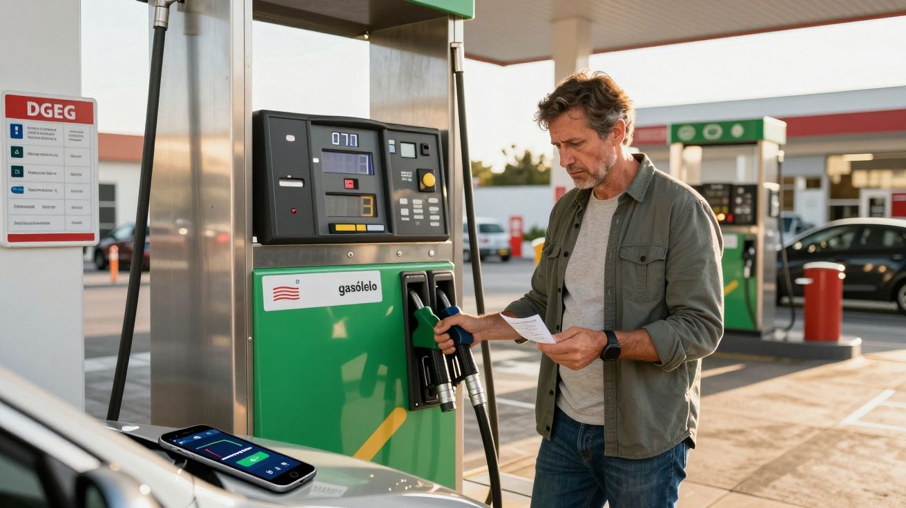 Homem de meia-idade a abastecer gasóleo numa bomba numa estação de serviço ao pôr do sol.