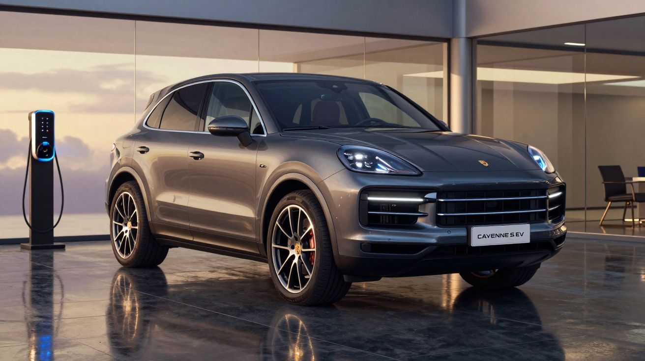 SUV eléctrico cinzento Porsche Cayenne S EV estacionado junto a posto de carregamento numa garagem moderna.