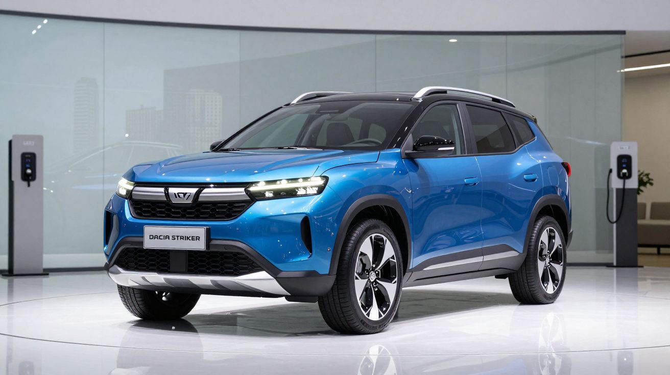 SUV eléctrico azul Dacia Striker estacionado num showroom moderno com carregadores eléctricos ao fundo.