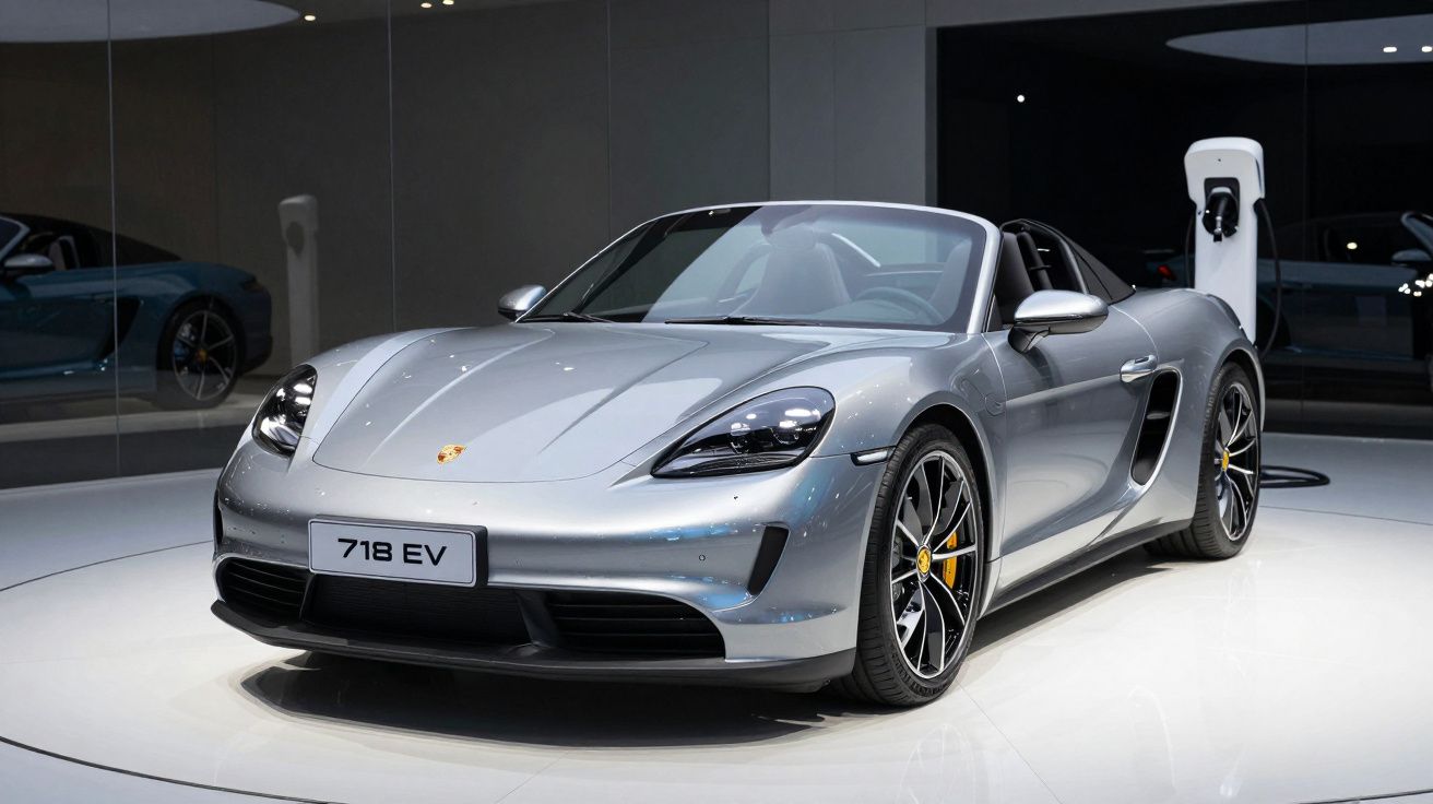 Carro desportivo descapotável prata Porsche 718 EV numa sala de exposições moderna.