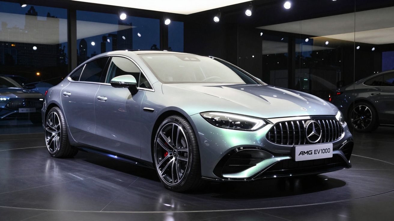 Carro elétrico Mercedes-Benz AMG EV1000 cinzento em exposição num salão moderno de automóveis.