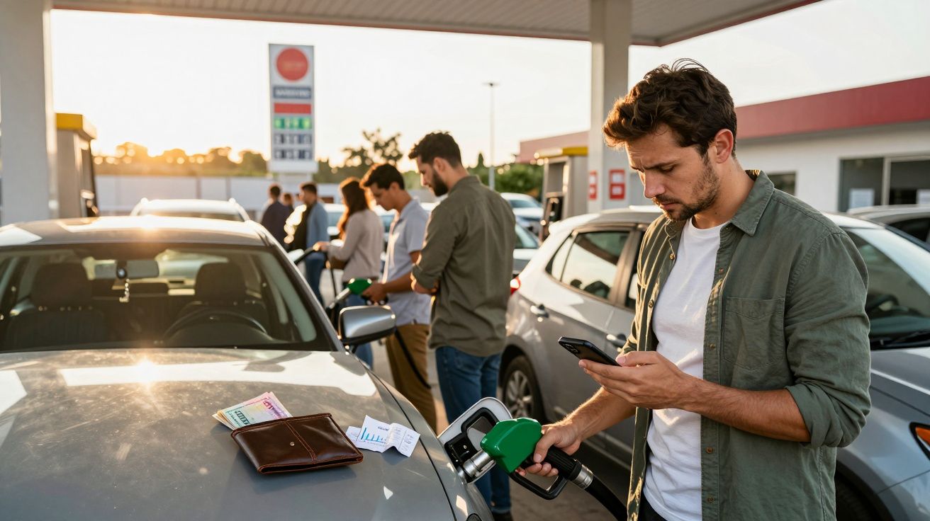 Homem com bomba de combustível na mão e telemóvel, ao lado de carro num posto de abastecimento ao pôr do sol.