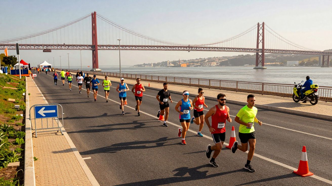 Corredores participam numa corrida junto ao rio com a ponte 25 de Abril ao fundo em Lisboa.