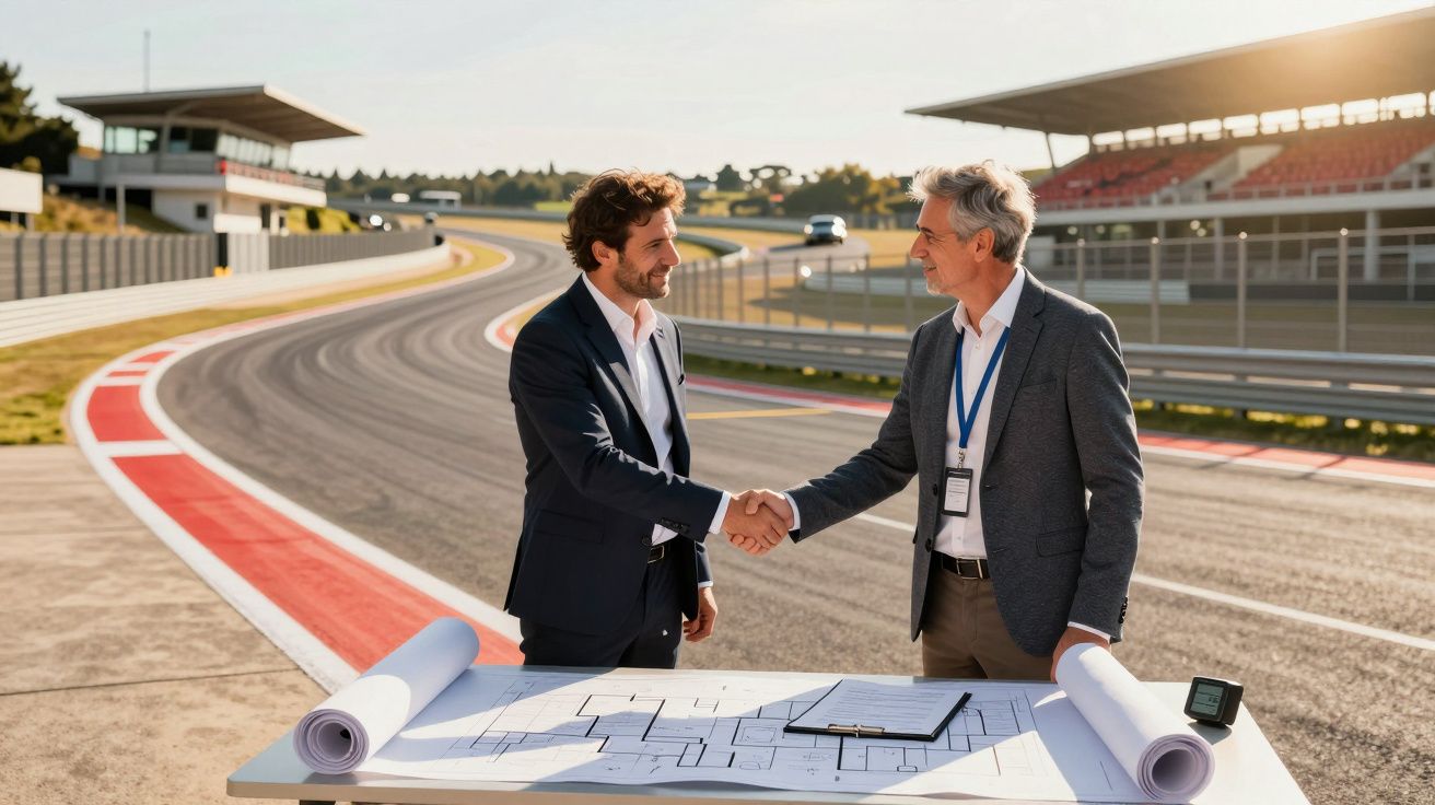 Dois homens de fato apertam as mãos junto a uma mesa com plantas, numa pista de corrida ao ar livre.