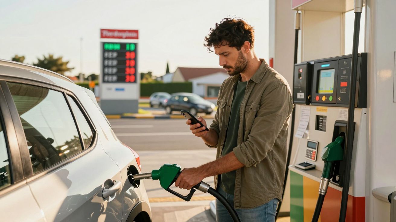 Homem a abastecer carro com gasolina na bomba numa estação de serviço, olhando para o telemóvel.