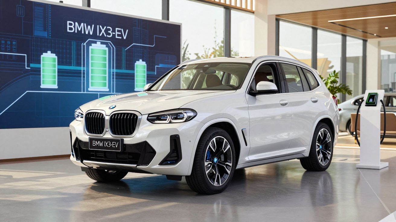 Carro elétrico BMW iX3-EV branco em showroom moderno com ecrã digital de baterias ao fundo.