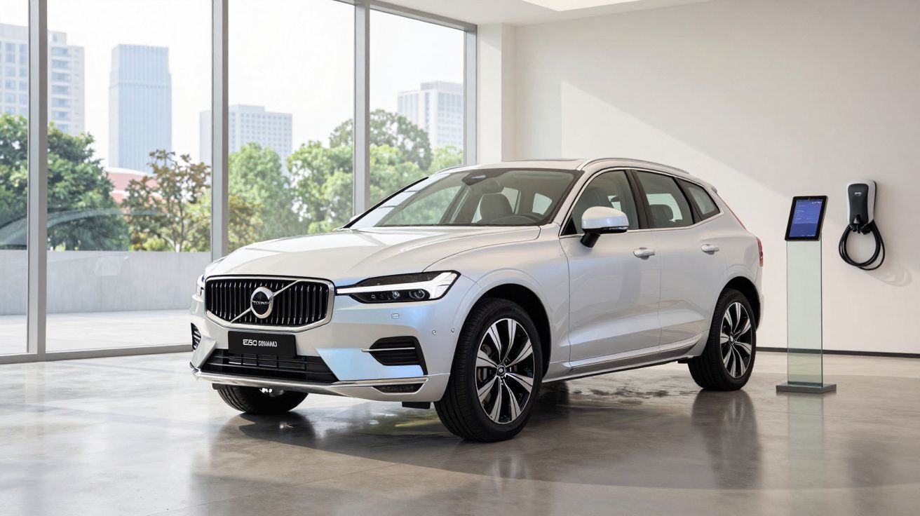Carro elétrico Volvo branco estacionado em showroom moderno com parede branca e janela grande.