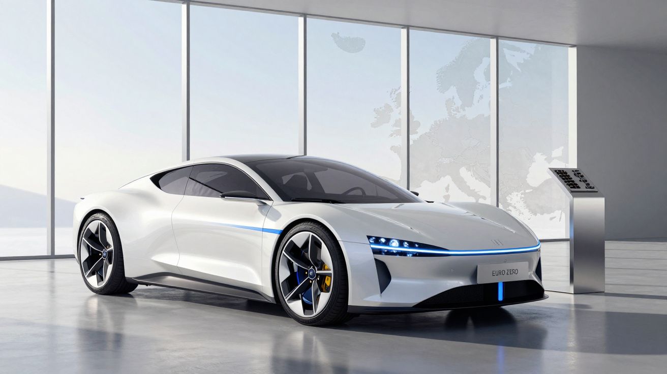 Carro elétrico desportivo branco com detalhes em azul, estacionado em exposição moderna com luz natural.