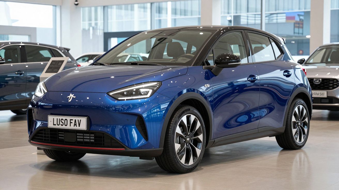 Carro compacto elétrico azul com tejadilho preto, estacionado em showroom moderno.