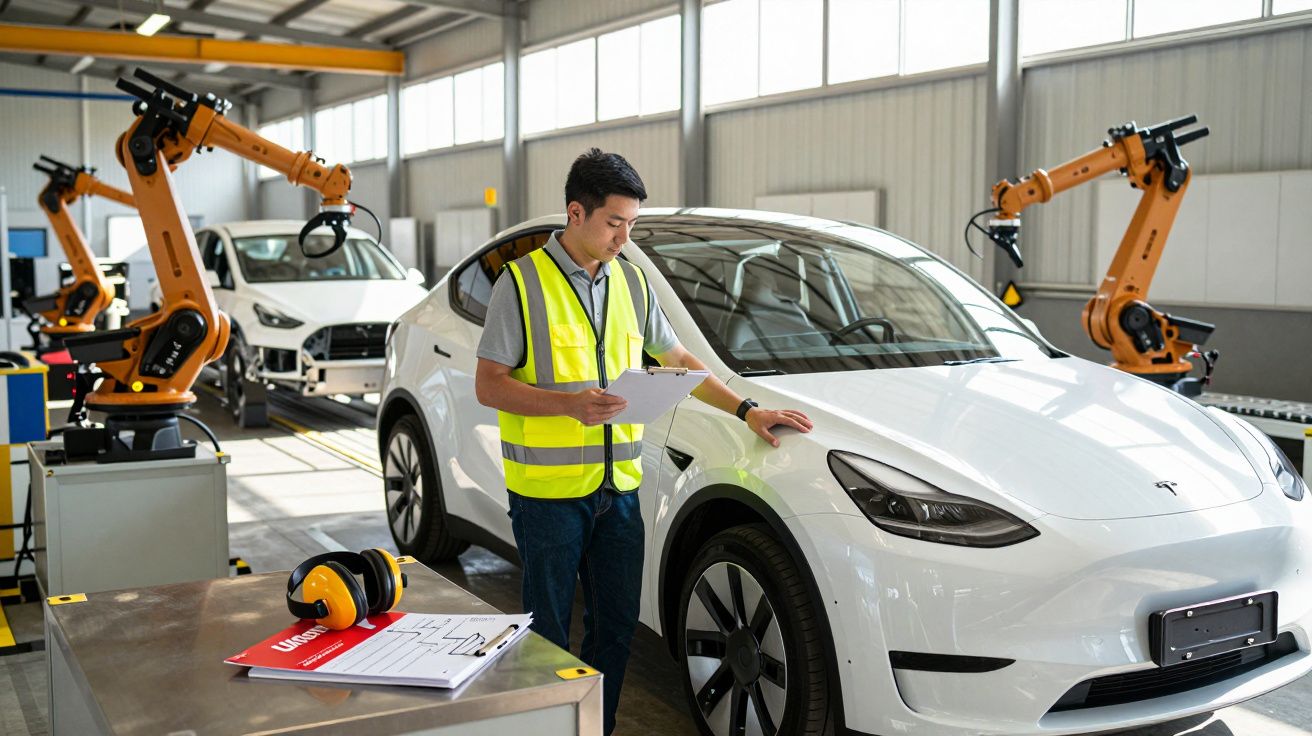 Engenheiro em colete refletor inspeciona Tesla branco numa fábrica com braços robóticos ao fundo.