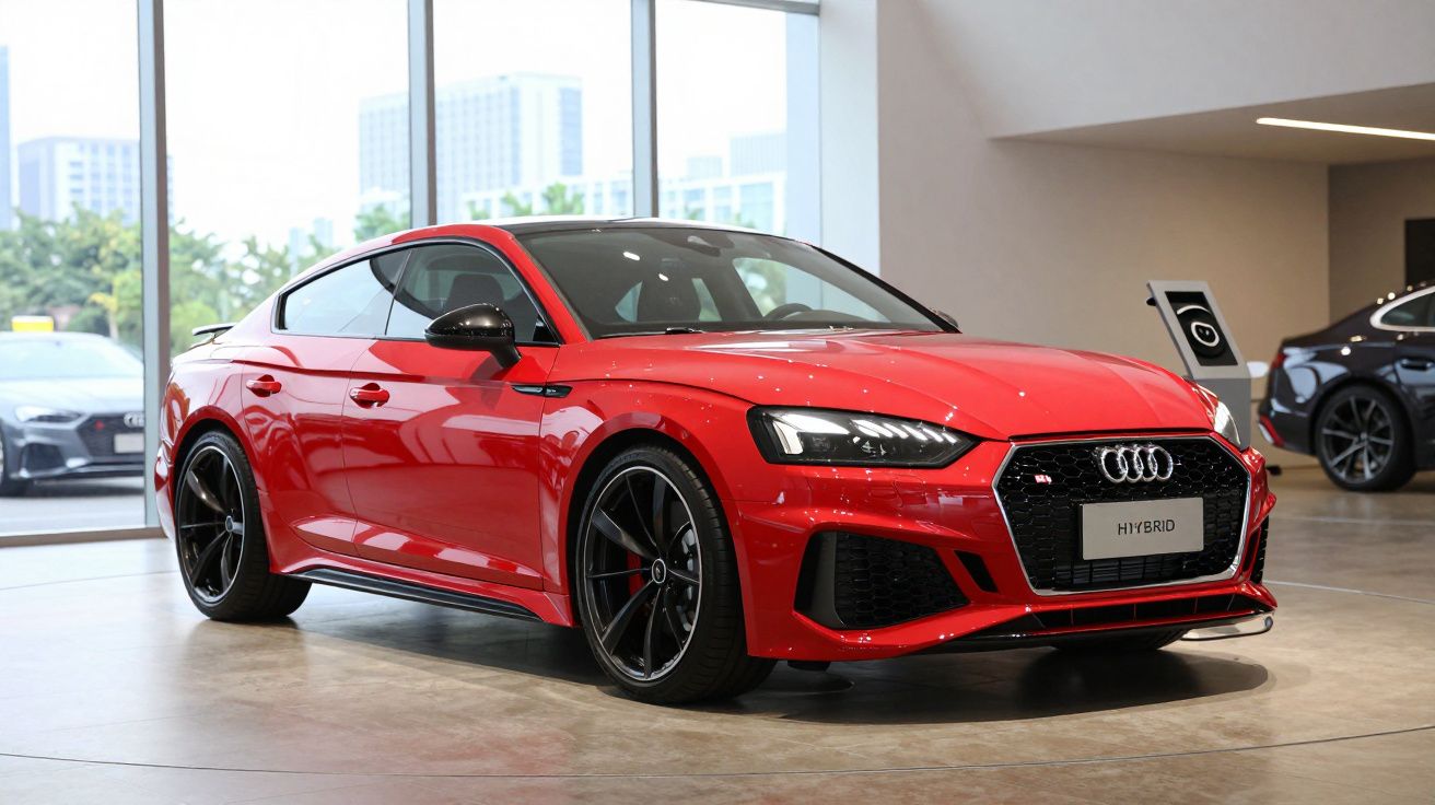Carro desportivo Audi vermelho híbrido exibido num salão moderno com jantes pretas gigantes.