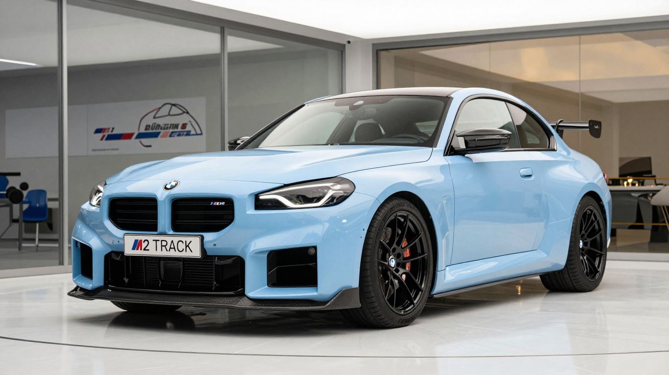 Carro desportivo BMW M2 azul claro numa garagem moderna com jantes pretas e spoiler traseiro.