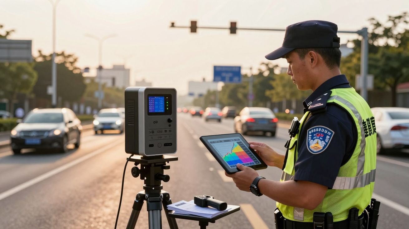 Polícia de trânsito a usar equipamento portátil para medição de velocidade numa estrada movimentada.