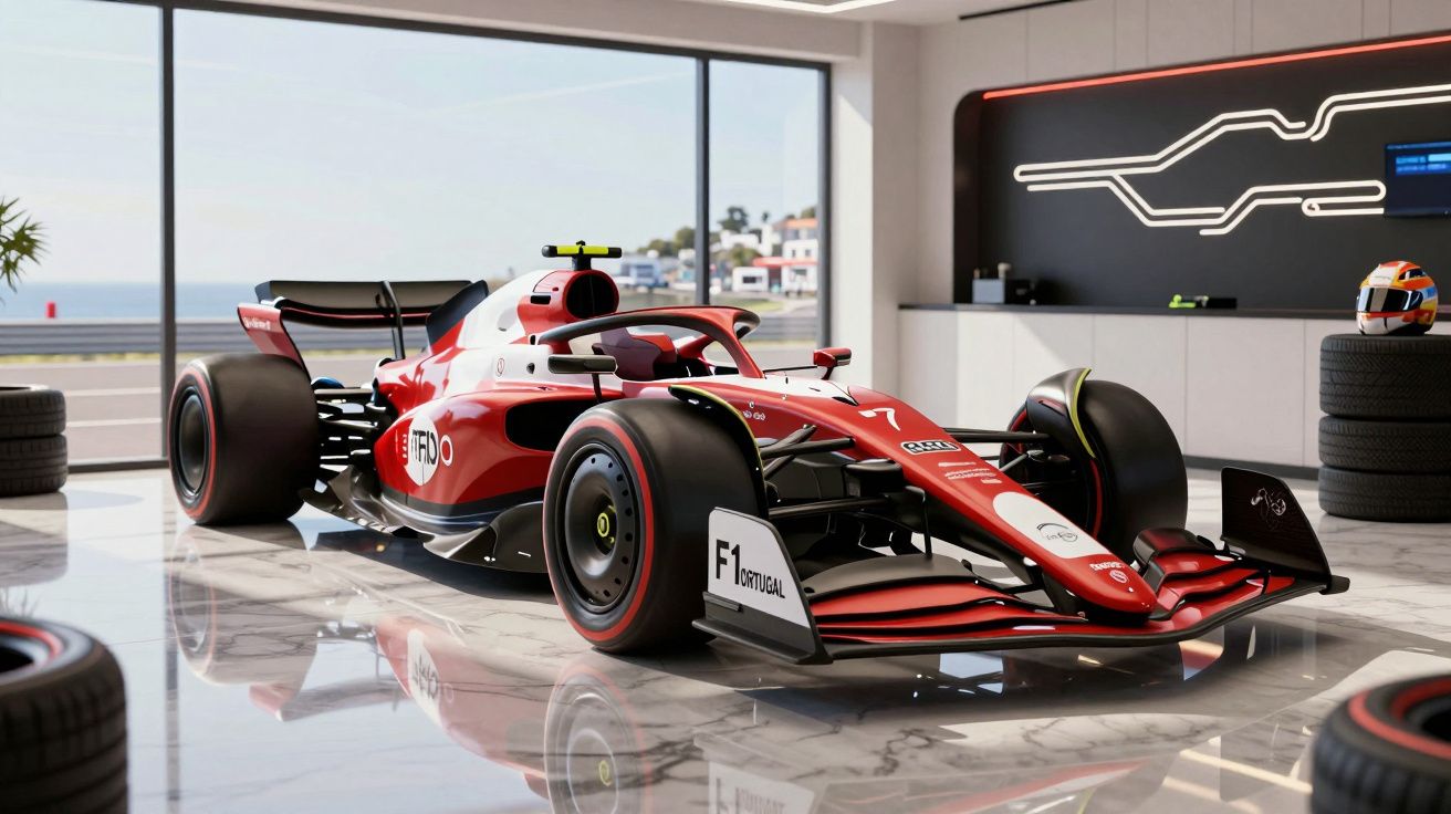 Carro de Fórmula 1 vermelho exposto numa sala moderna com chão refletor e vista para o mar.