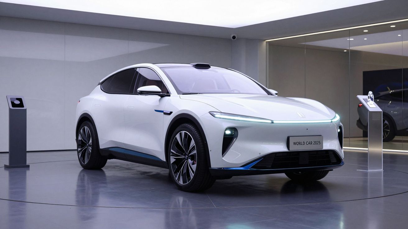 Carro elétrico branco exposto em salão moderno, com design aerodinâmico e luzes LED frontais finas.