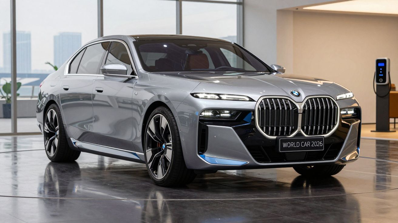 Automóvel BMW elétrico cinza estacionado em interior moderno com carregador ao fundo.