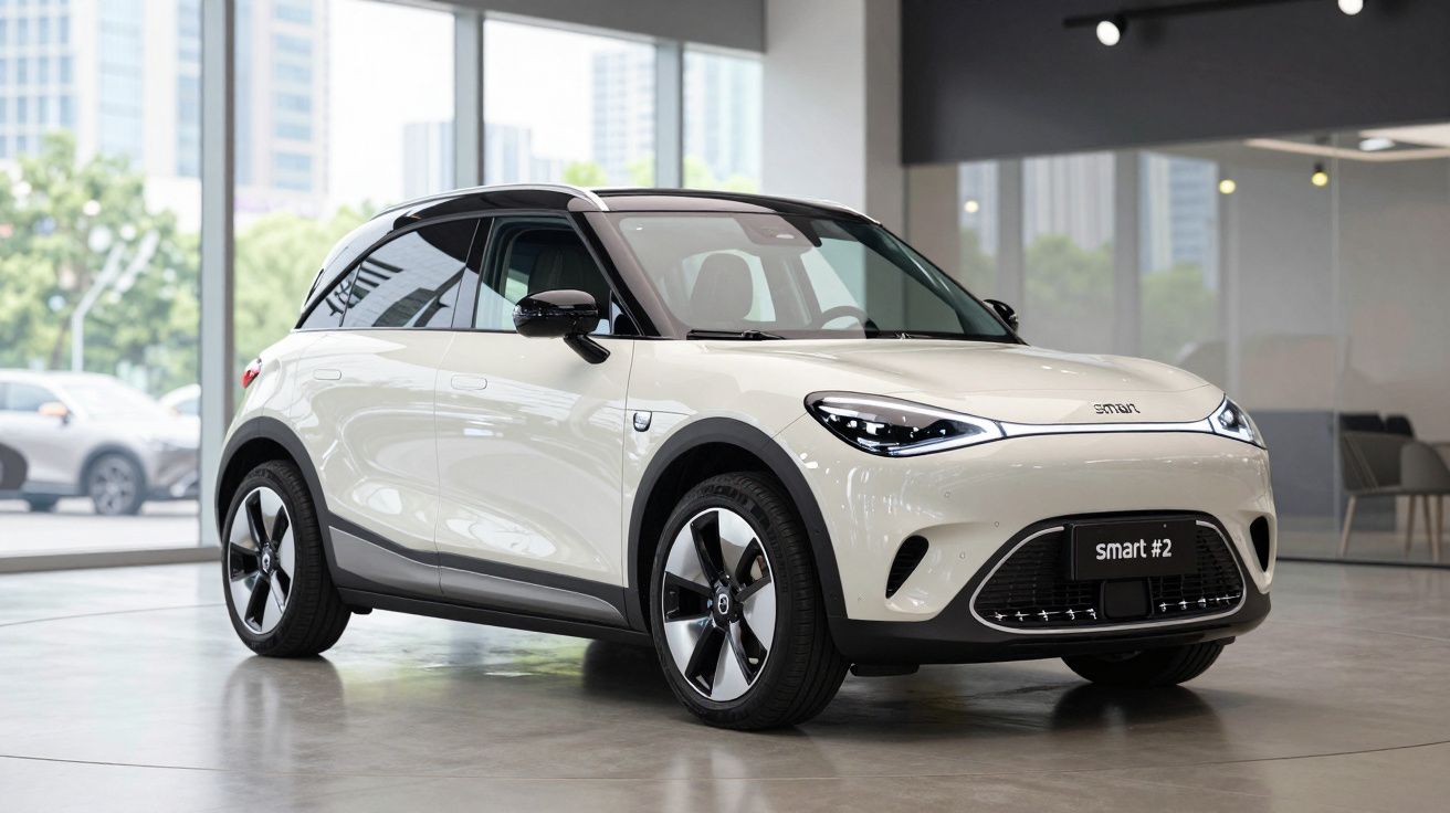 Carro elétrico Smart branco estacionado em espaço interior moderno com janelas grandes e vista urbana.