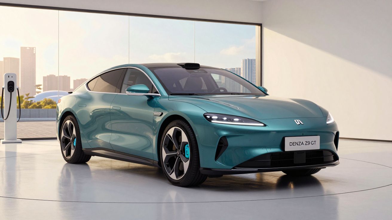 Carro elétrico azul Denza Z9 GT estacionado em espaço interior com estação de carregamento e vista urbana ao fundo.