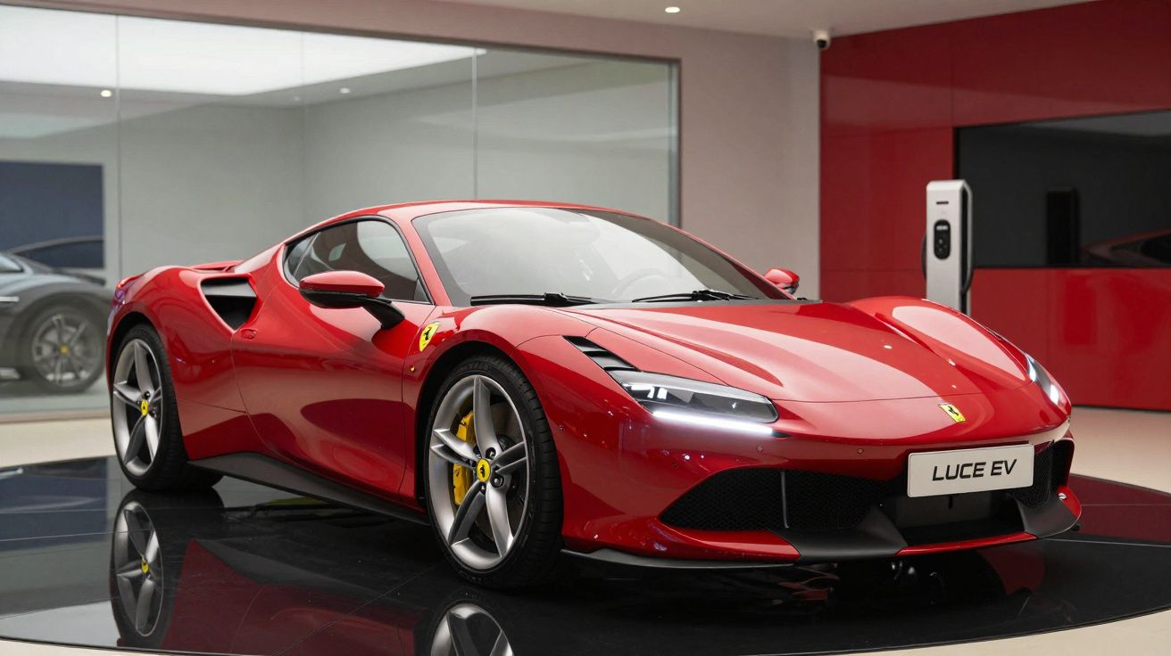 Carro desportivo vermelho Ferrari Luce EV estacionado em showroom moderno com recarregador elétrico.