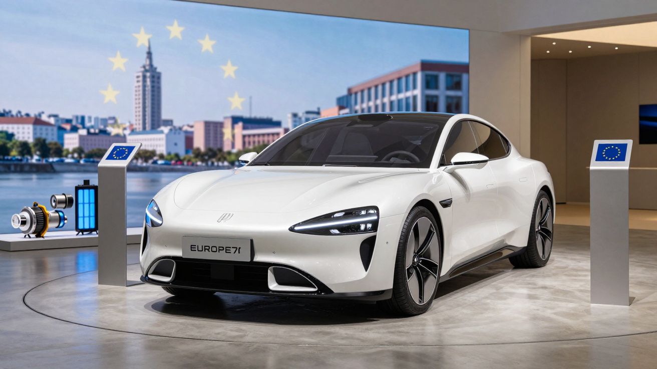 Carro elétrico branco Europe 71 exibido em sala moderna com vista urbana e símbolos da União Europeia.