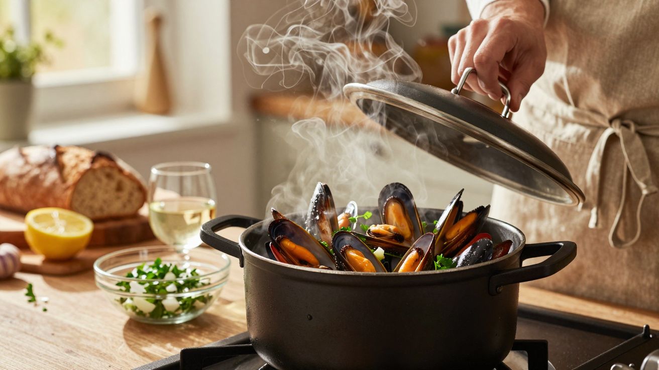 Pote com mexilhões a vapor a ser aberto na cozinha, ao lado de pão, vinho branco e limão.