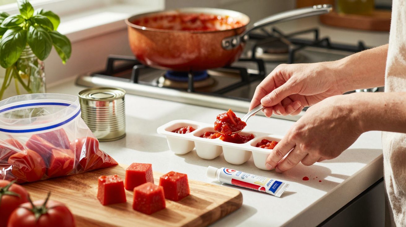 Pessoa a colocar molho de tomate em formas para gelo numa cozinha moderna.