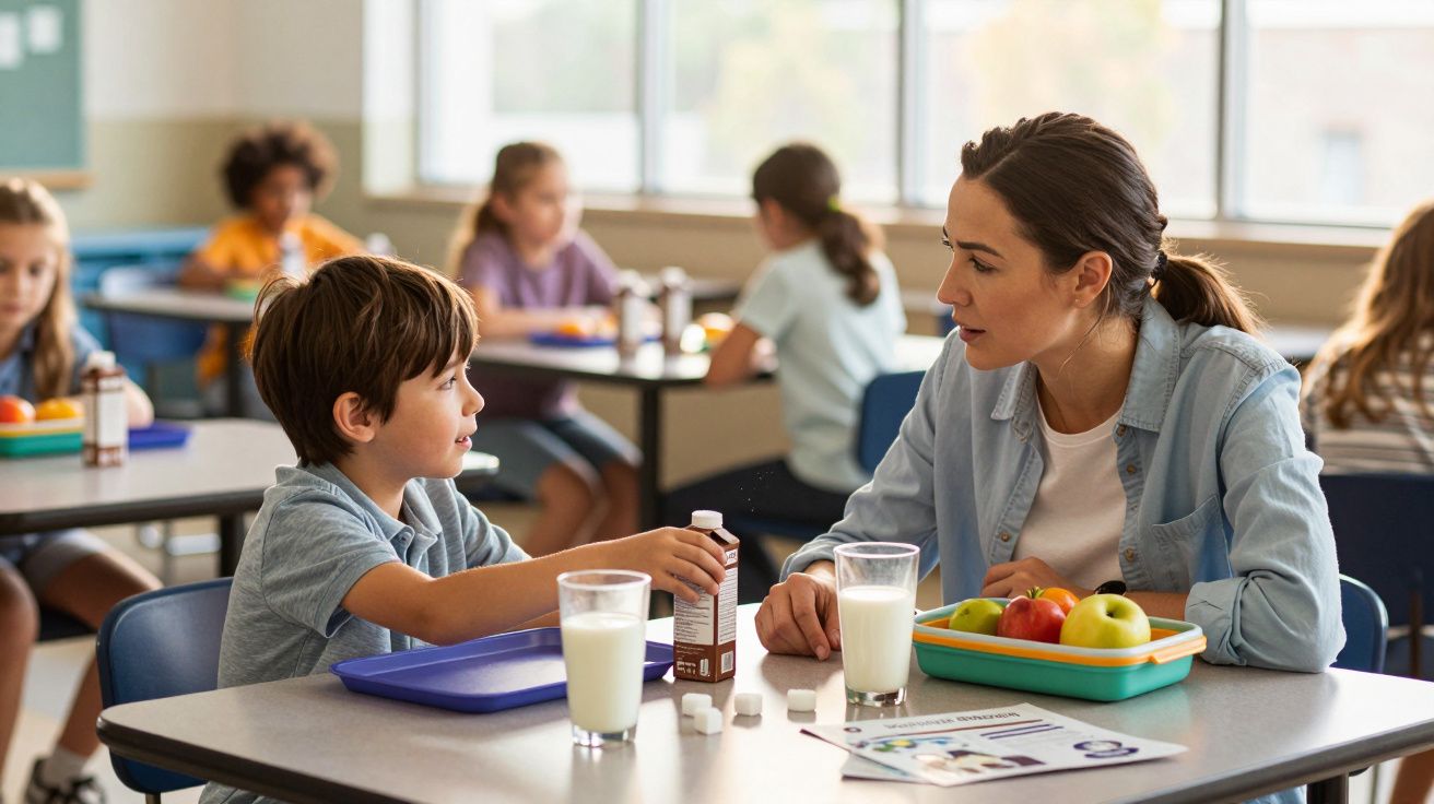 Professor e aluno a conversarem durante o lanche na escola, com frutas, leite e açúcar na mesa.