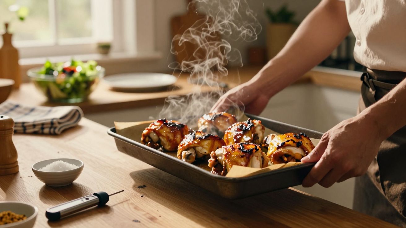 Pessoa a retirar assadeira com frango assado e fumegante numa cozinha iluminada e acolhedora.