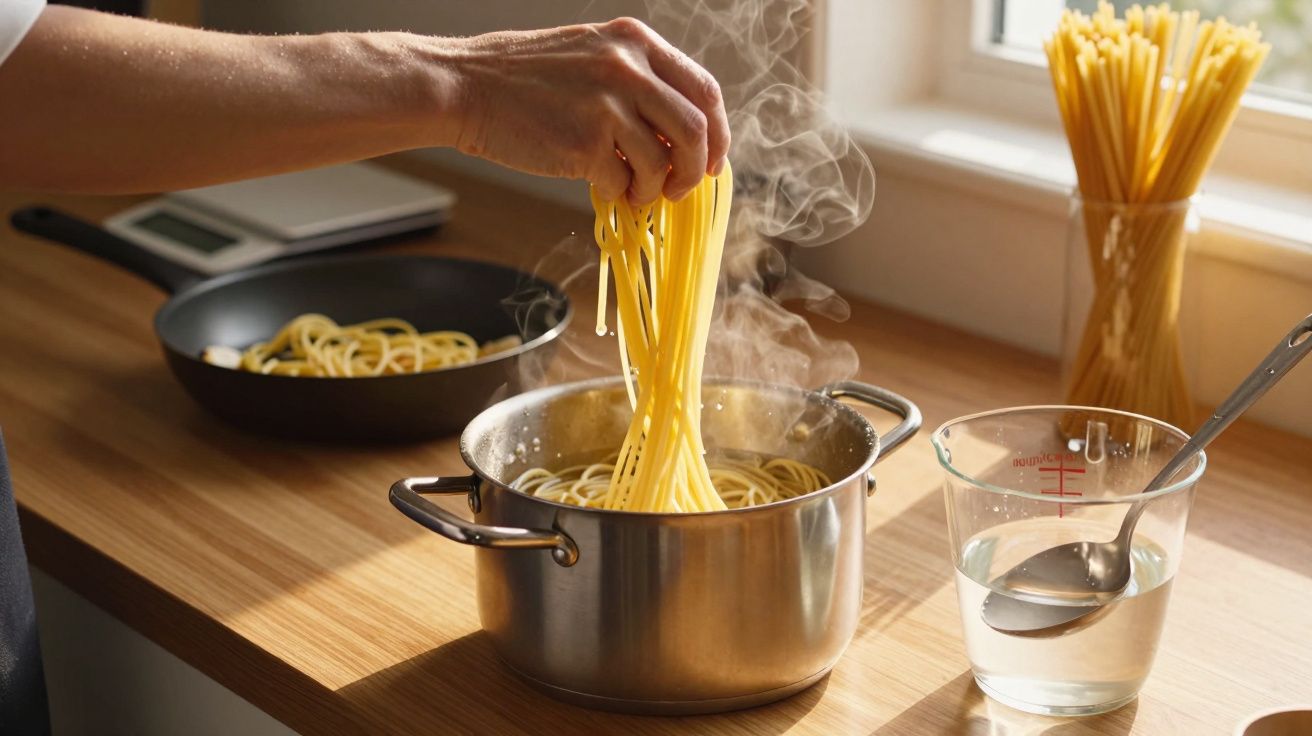 Mão a retirar esparguete a fumegar de panela metálica numa cozinha com suporta e frigideira ao fundo.