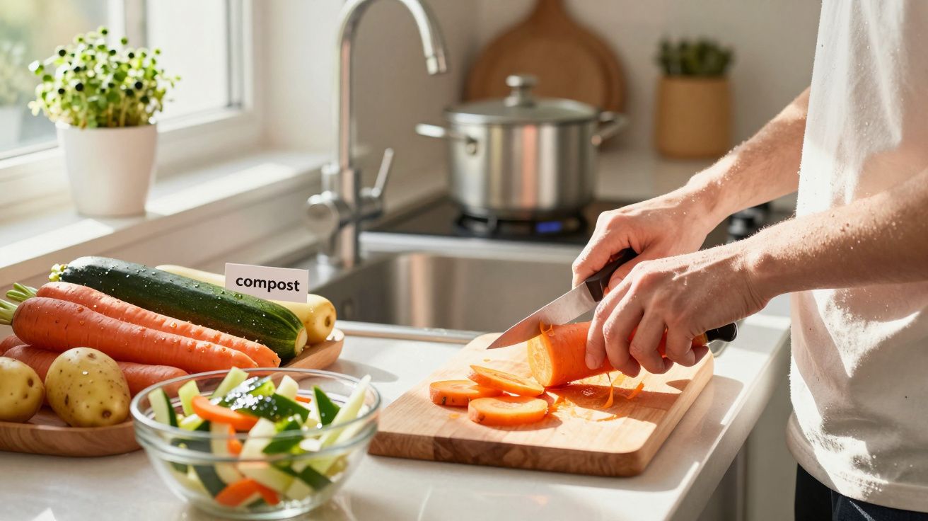 Pessoa a cortar cenouras numa tábua na cozinha, com legumes frescos e placa a indicar compostagem.