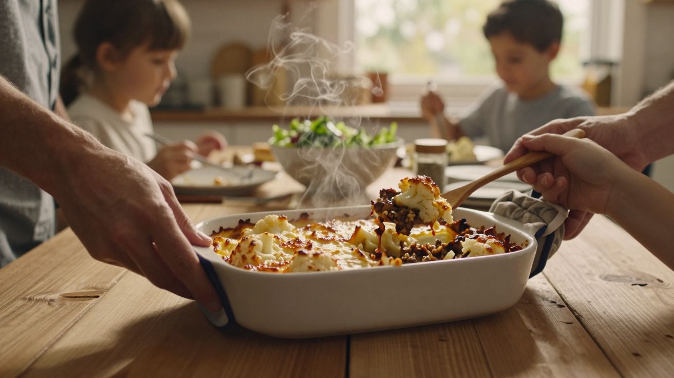 Família à mesa a servir um prato quente de esparguete com carne e batata gratinada.