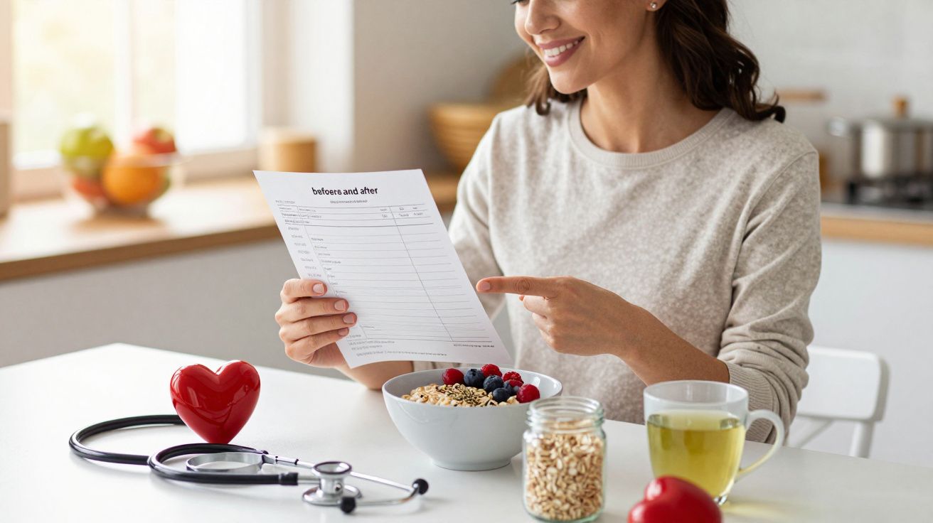 Mulher sorridente na cozinha a olhar para lista de alimentos, com pequeno-almoço saudável e estetoscópio na mesa.