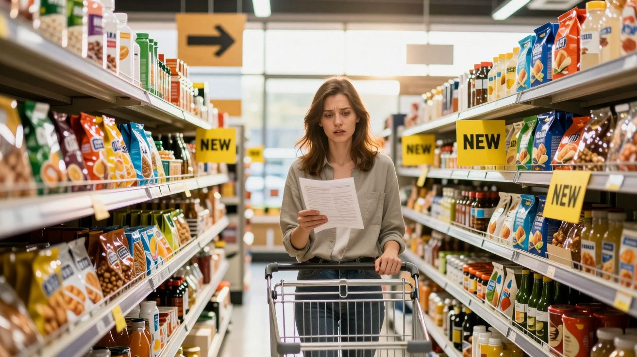 Mulher com carrinho de compras lê lista num corredor de supermercado cheio de produtos variados.
