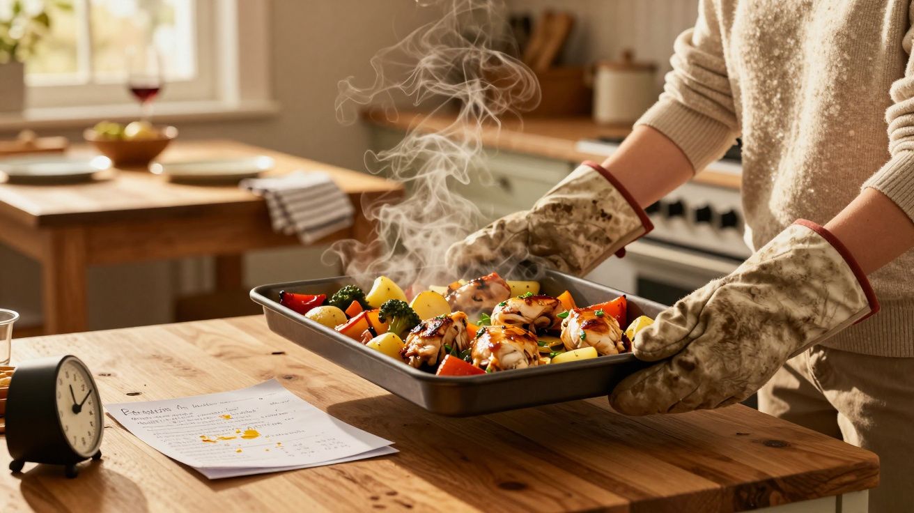 Pessoa com luvas a retirar tabuleiro com legumes e frango quente do forno numa cozinha acolhedora.