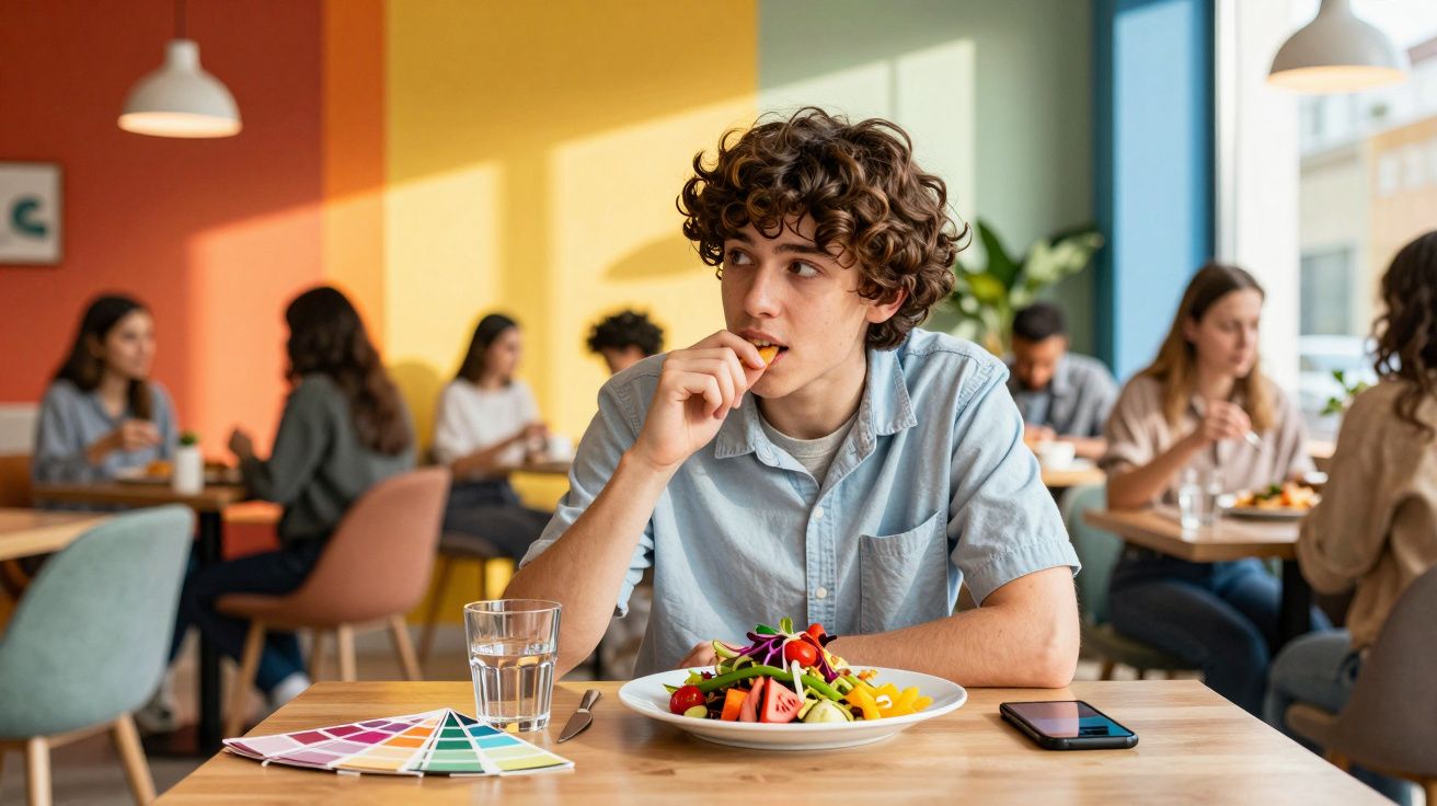 Jovem sentado numa cafeteria a comer salada, com amostras de cores e telemóvel sobre a mesa.