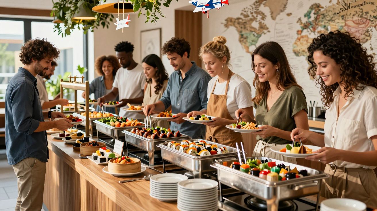 Grupo de pessoas jovens a servir-se num buffet colorido com sushi e saladas num ambiente moderno e iluminado.