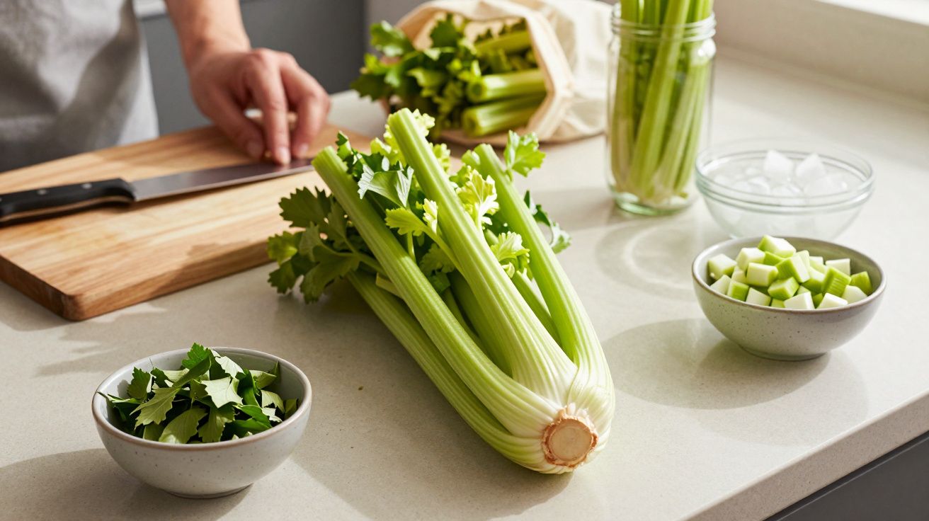 Pessoas a preparar aipo fresco numa bancada com tábuas, taças com folhas e cubos de aipo.