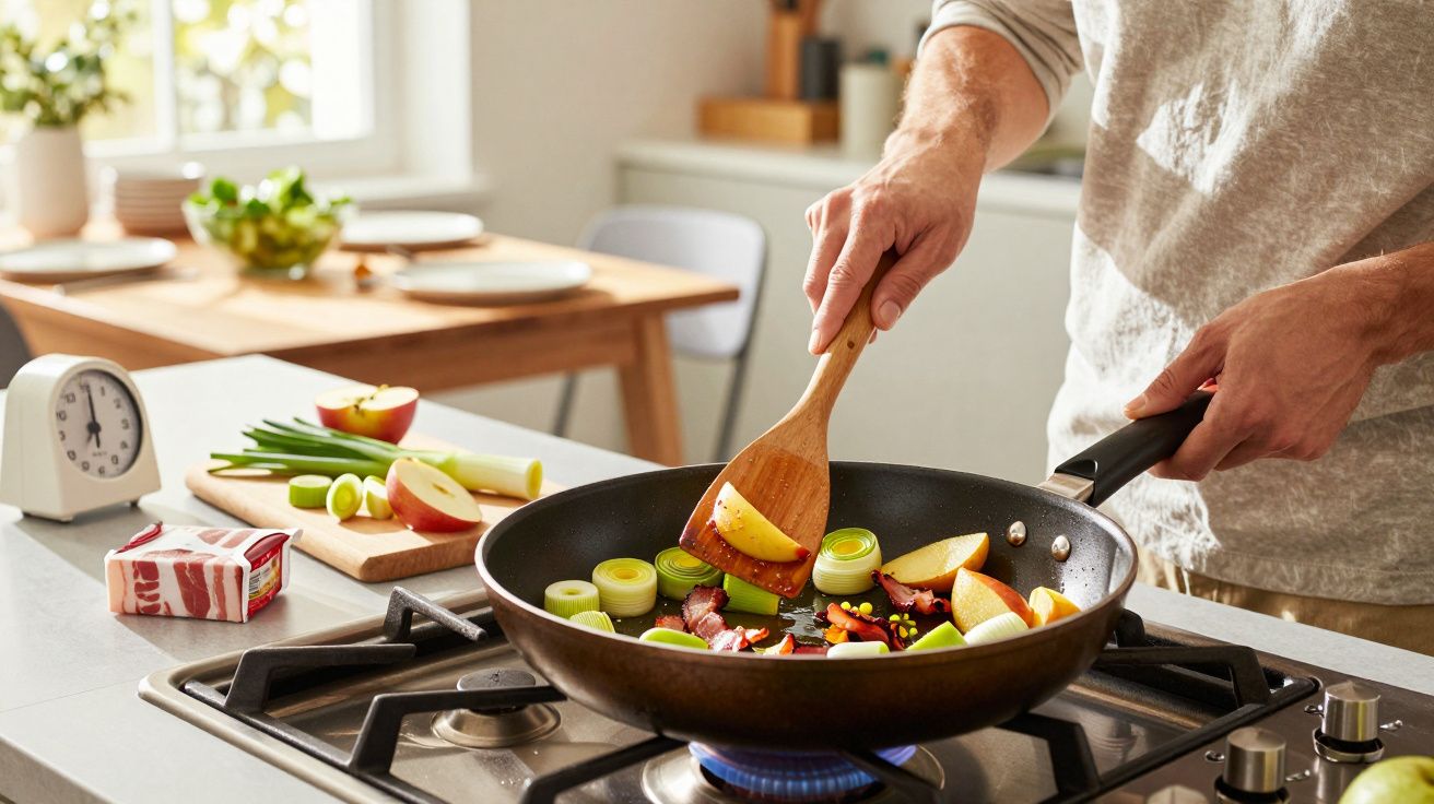 Pessoa a cozinhar legumes e fatias de maçã numa frigideira numa cozinha luminosa.