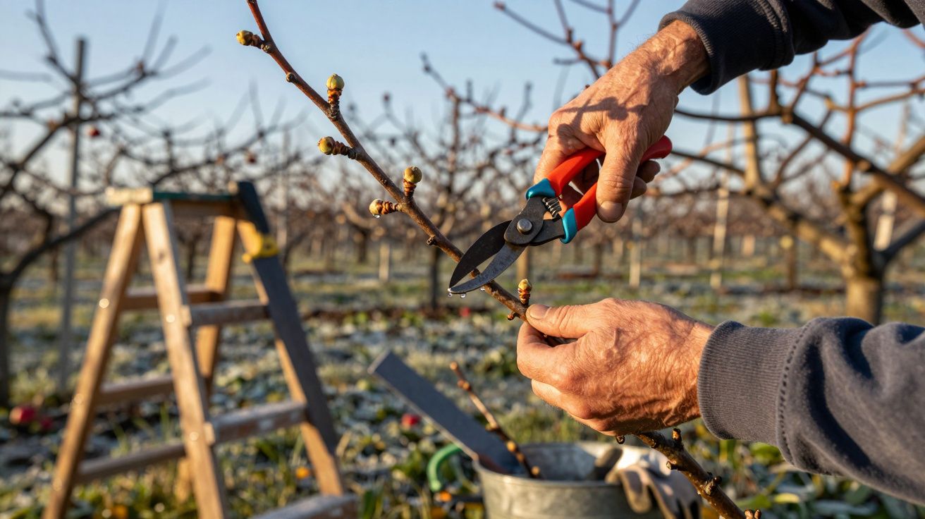 Pessoa a podar ramo com tesoura de poda num pomar com árvores sem folhas ao amanhecer.