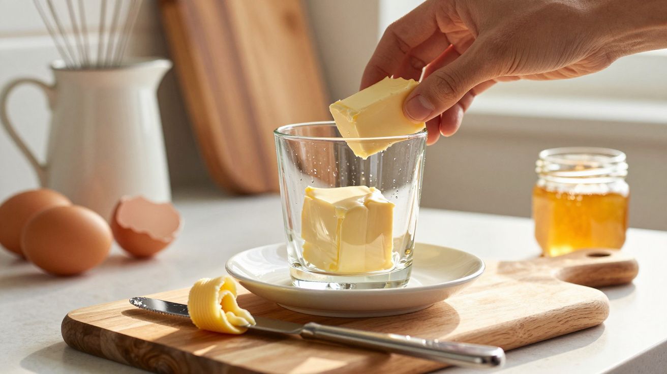 Mão a colocar fatia de manteiga num copo com mais manteiga, sobre tábua com faca e ovos ao fundo.