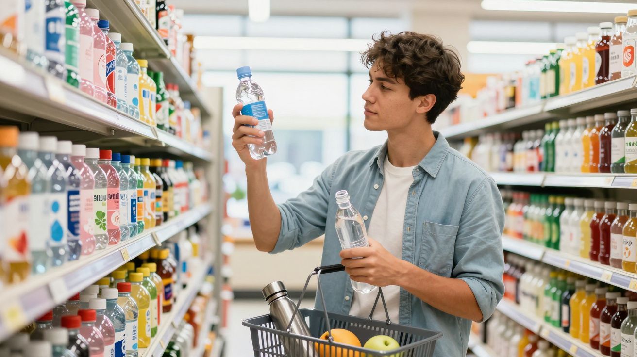 Jovem a comparar duas garrafas de água numa prateleira de supermercado, com cesto de compras na mão.