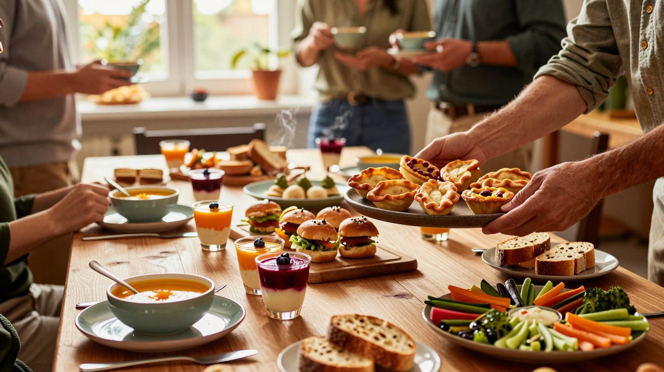Mesa com várias comidas, incluindo mini hambúrgueres, sopa, vegetais, pão e tartes em ambiente de convívio.